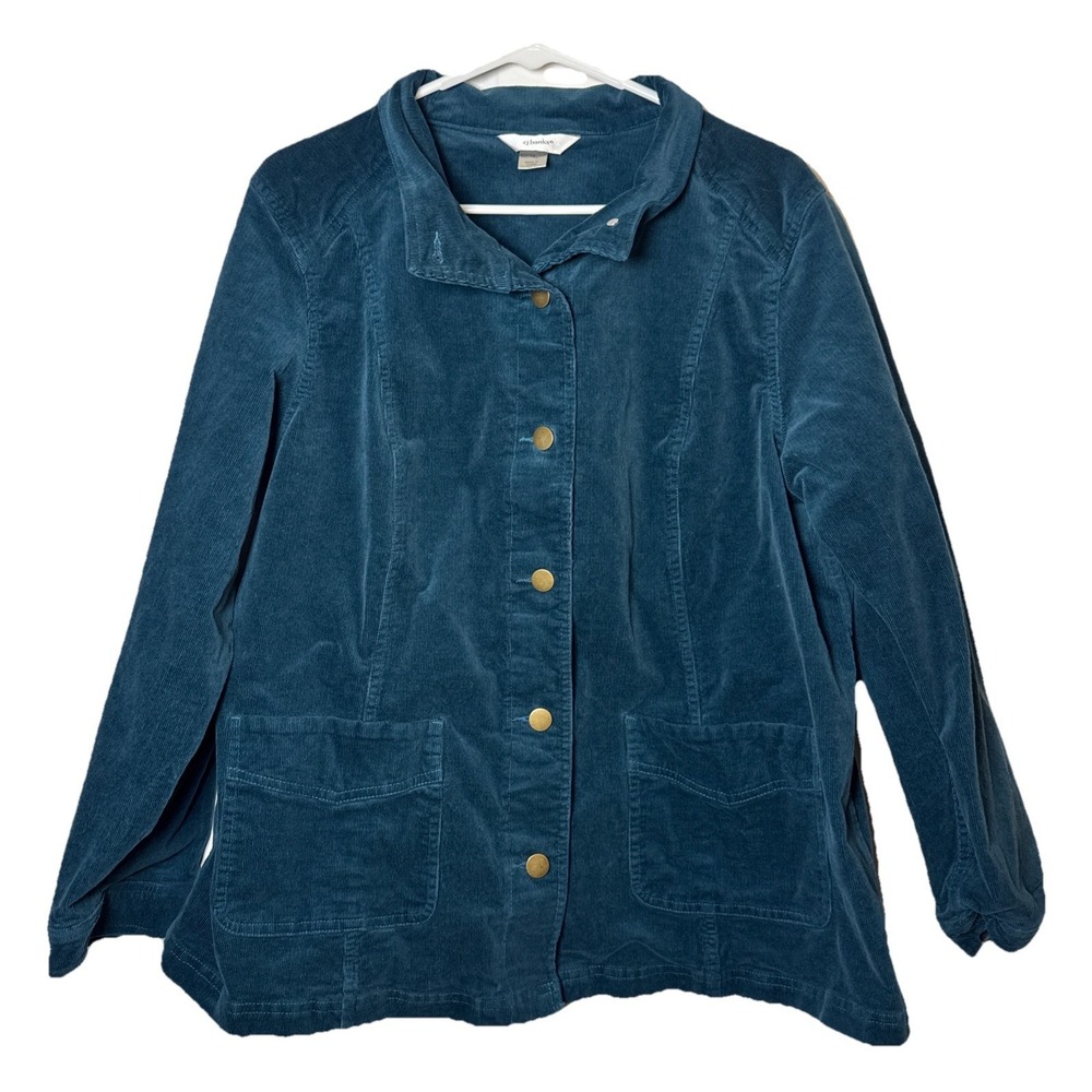 CJ Banks Womens 1X Teal Utility Jacket Snap Front‎ Stretch Cotton Plus Size